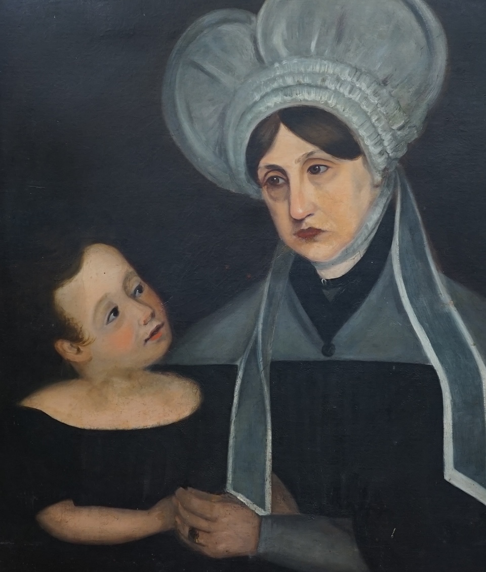 Early to mid 19th century, naive school, oil on canvas, Portrait of a mother and child in mourning, 73 x 60cm, gilt frame. Condition - poor to fair